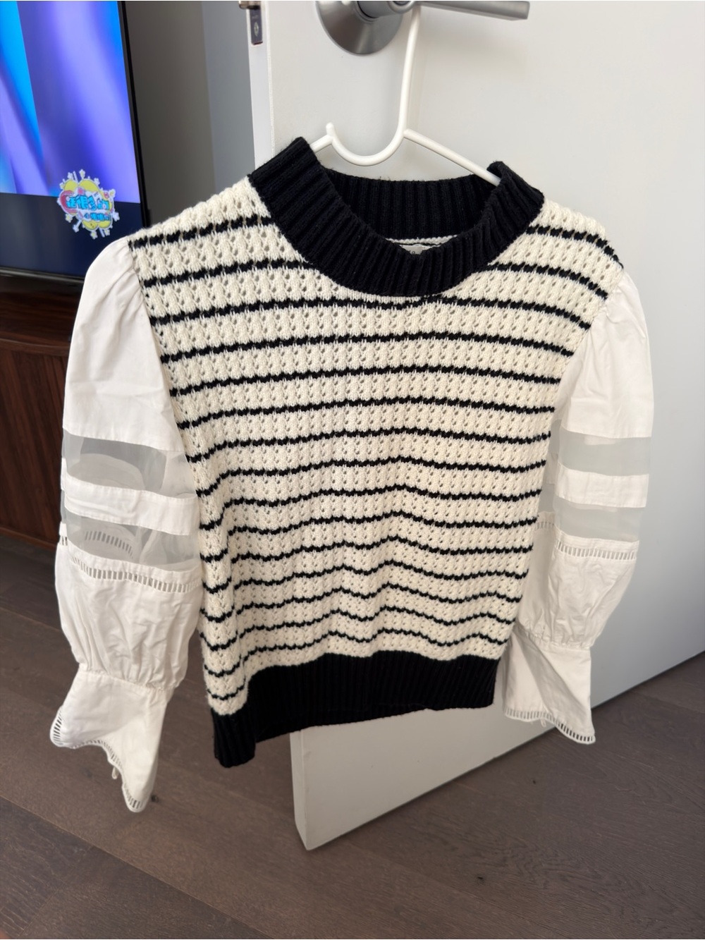 Striped Knit Sweater Vest with Puff Sleeve Detail - Black & White
